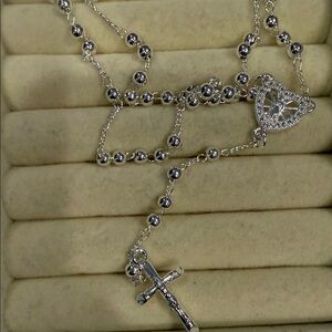 Silver Rosary Necklace with Cross Pendant - Silver